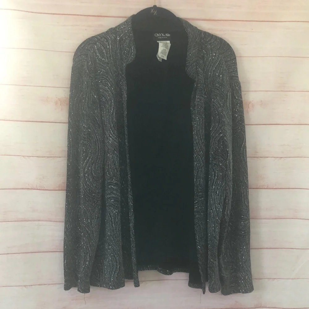 Onyx Nite Black Metallic Shimmer Open Front Cover Up Cardigan XL